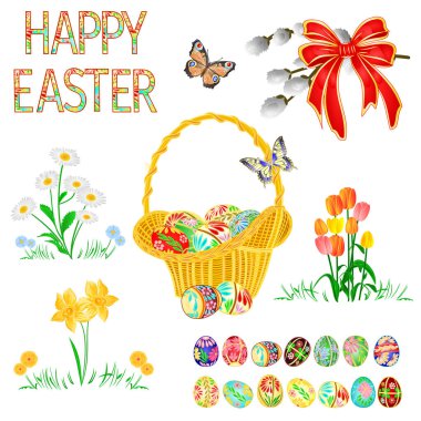 Happy Easter decoration easter wicker  easter eggs and daffodil  tulips daisy on green grass pussy willov and bow. Seasonal Holidays in April set watercolor vintage  vector illustration editable hand draw