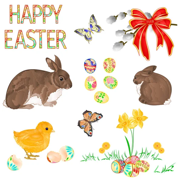 Happy Easter decoration chick  butterfly and rabbits  easter eggs and daffodils  on green grass, pussy willov and bow. Seasonal Holidays in April set watercolor vintage  vector illustration editable hand draw