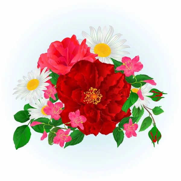 Ramo Rosas Rojas Rosas Margaritas Weigela Sobre Fondo Azul Acuarela — Vector de stock