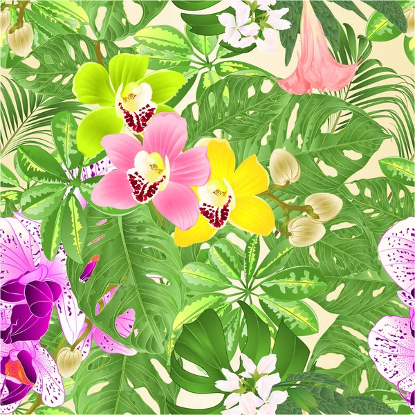 Безшовна Текстура Тропічні Квіти Розташування Прекрасних Орхідей Phalaenopsis Фіолетовий Білий — стоковий вектор