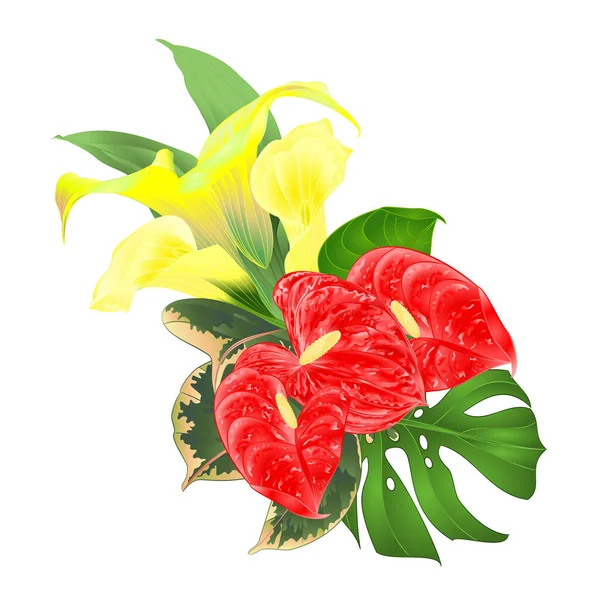 熱帯の花の花の配置で花束 美しい黄色のユリとカラとアンスリウムと ヤシの木 ピロデンドロンとフィカス水彩ヴィンテージベクトルイラスト編集可能な手描き — ストックベクタ