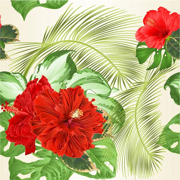 Kusursuz Desensiz Tropikal Çiçekler Kırmızı Amber Kıvrımlı Monstera Variegated Hosta — Stok Vektör