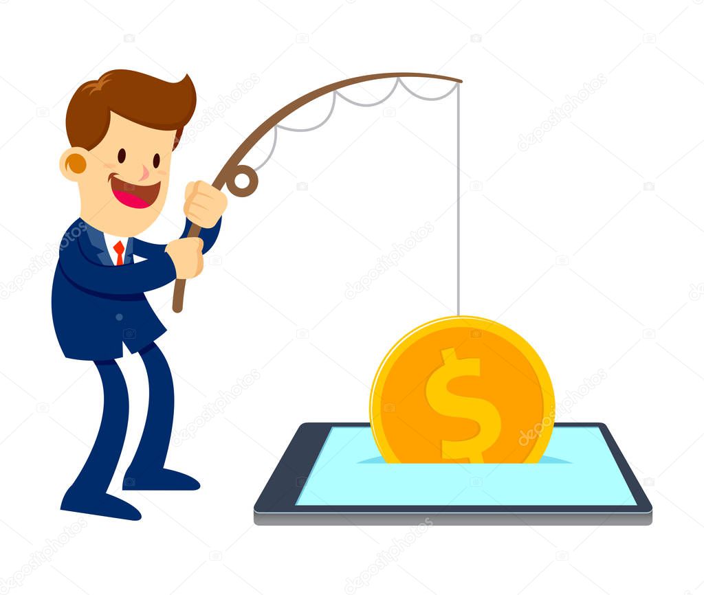 Businessman Fishing Gold Coin From a Mobile Phone