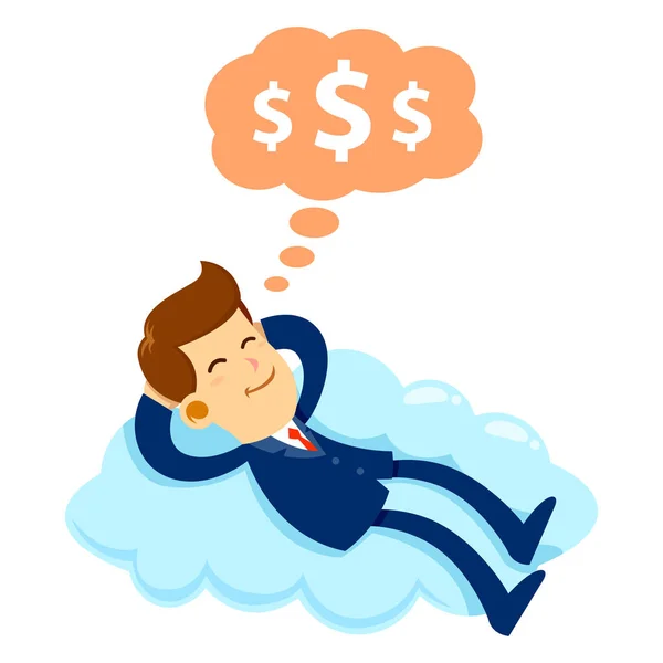 Empresário dormindo em uma nuvem sonhando com dinheiro — Vetor de Stock