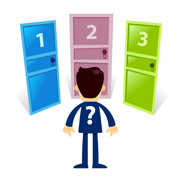 Бизнесмен, стоящий перед тремя разными дверями
