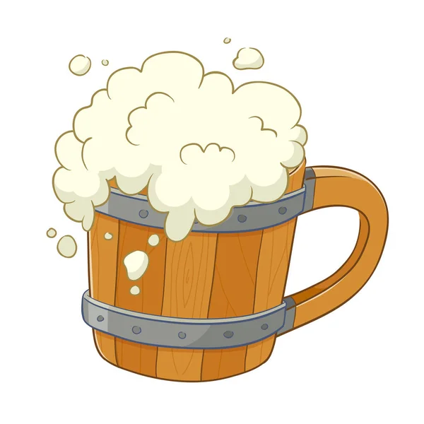 Tasse à bière en bois avec plus de mousse coulante — Image vectorielle