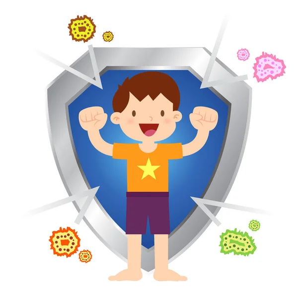 Healthy Little Boy Immune To Virus And Bacteria — Stock Vector