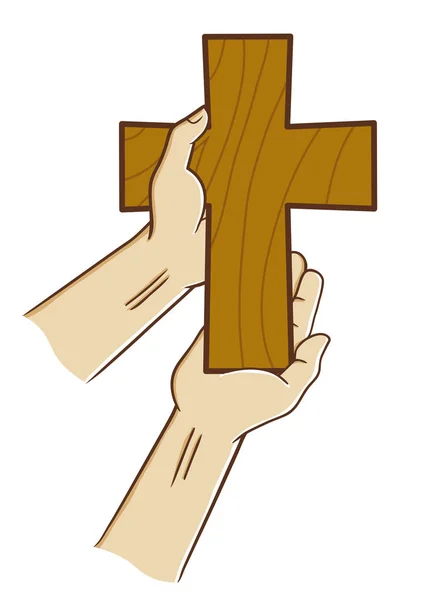 Hand Holding Wooden Christian Cross — Stock Vector