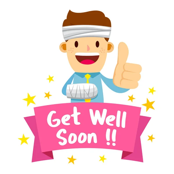 Homme d'affaires enveloppé dans un bandage avec Get Well Soon Banner — Image vectorielle