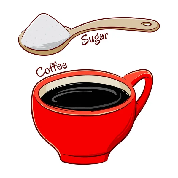 Кавові чашки і ложки повного цукру — стоковий вектор