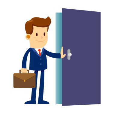 İşadamı mavi bir kapı açıyor, el çizimi vektör çizimi beyaz arka planda izole edilmiş