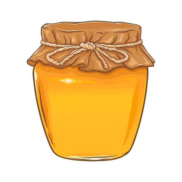 紙のラッパーと蜂蜜の完全なジャー 白の背景に孤立手描きベクトルイラスト — ストックベクタ