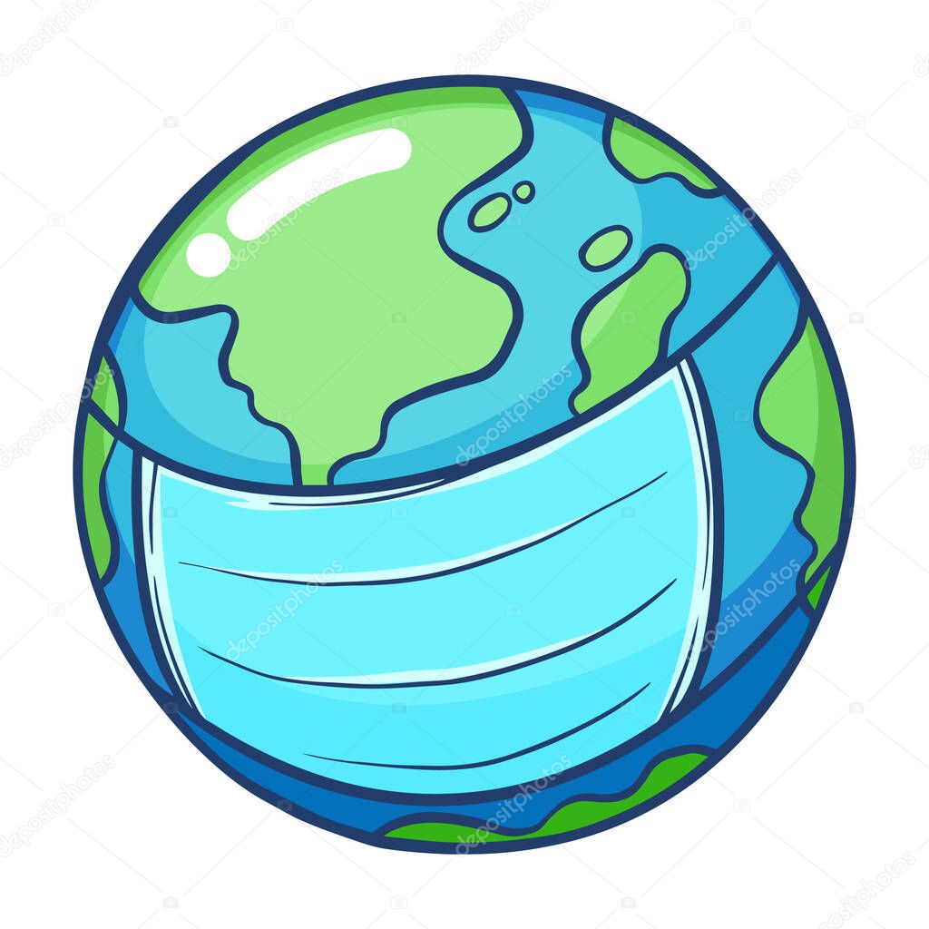Planet earth wearing surgical mask for protection, hand drawn vector illustration isolated on white background