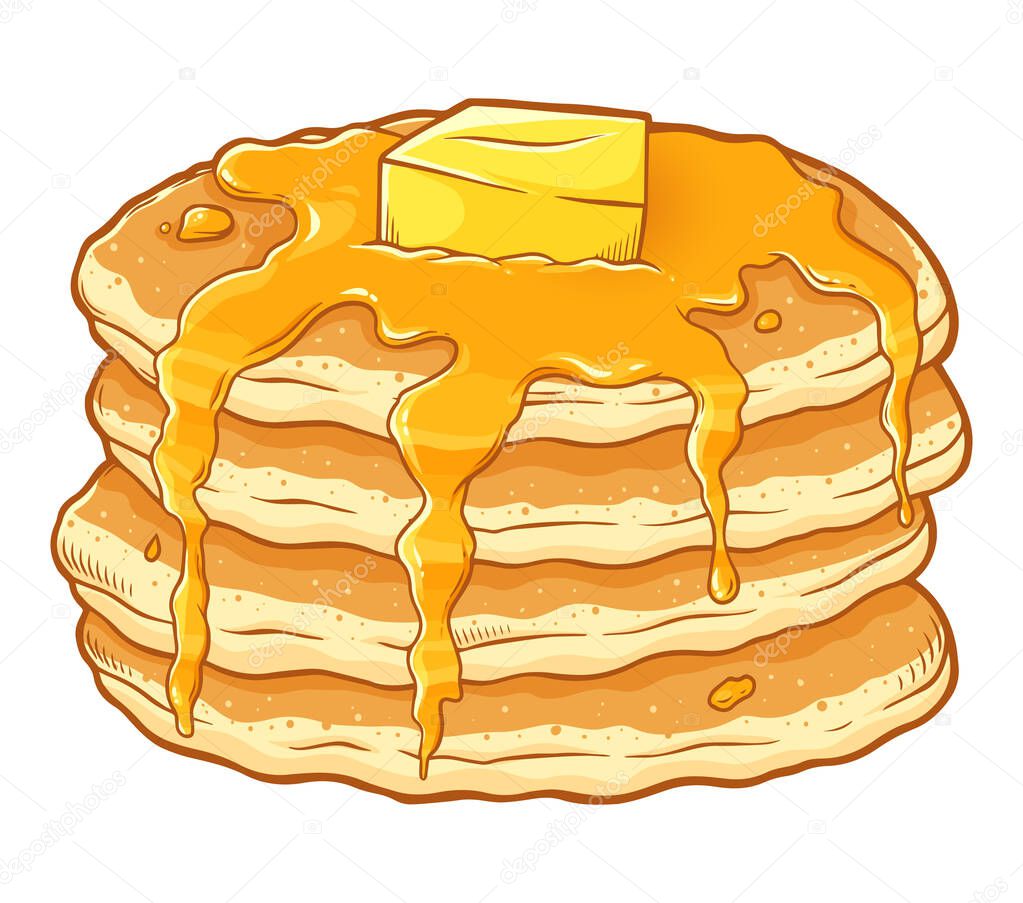 Stack of freshly made pancakes with sweet syrup and butter, hand drawn vector illustration isolated on white background