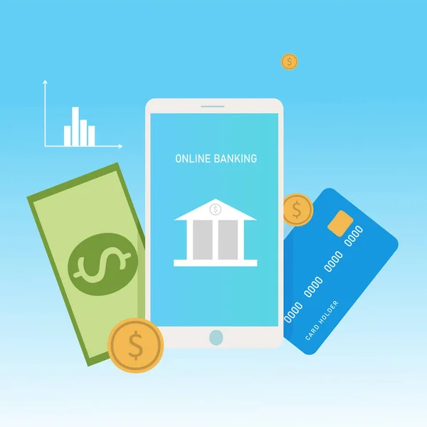 Concept online bankieren, online betalen. Smartphone, creditcard en geld — Stockvector