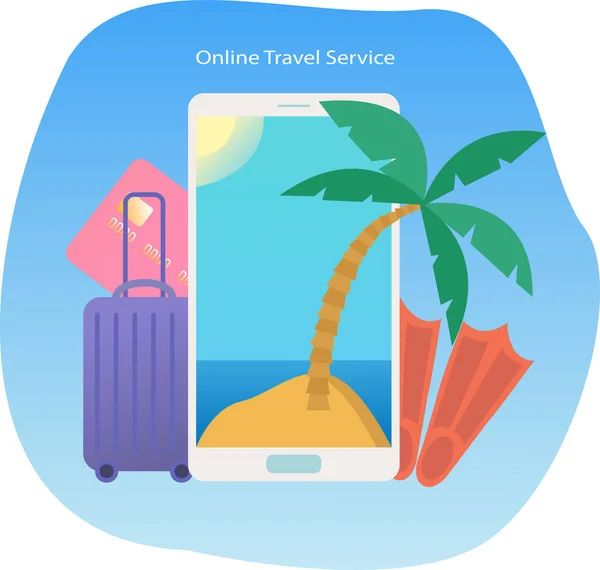 Векторная иллюстрация со смартфоном, пальмой, островом в море, кредитной картой, багажом и ластами. Концепция онлайн путешествия — стоковый вектор
