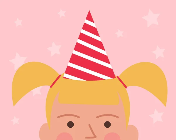 Vector illustration of half head of girl in birthday cap, stars on the background — Stock Vector