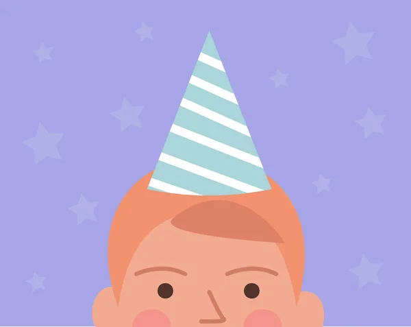 Vector illustration of half head of boy in birthday cap, stars on the background — Stock Vector