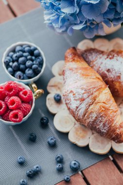 Balkonda sabah kahvaltısı, kruvasan, kahve ve böğürtlen.