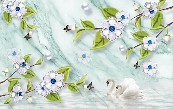 Tapety Luksusowe Kwiatowa Biżuteria Zielone Liście Marmur — Zdjęcie stockowe