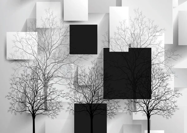3D duvar kağıdı ağaçları kare siyah beyaz