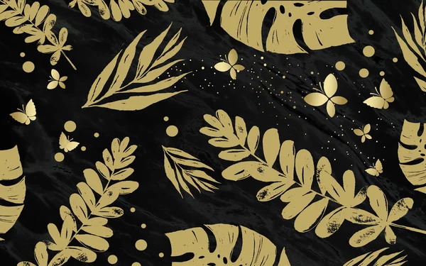Czarne Złote Liście Tropikalne Ciemnym Marmurowym Tle Luksusowe Egzotyczne Botaniczne — Zdjęcie stockowe