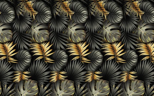 Fekete Arany Trópusi Levelek Sötét Márvány Háttér Luxus Egzotikus Botanikai — Stock Fotó