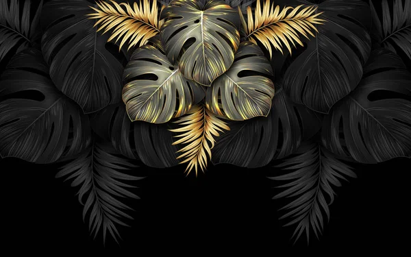 Czarne Złote Liście Tropikalne Ciemnym Marmurowym Tle Luksusowe Egzotyczne Botaniczne — Zdjęcie stockowe