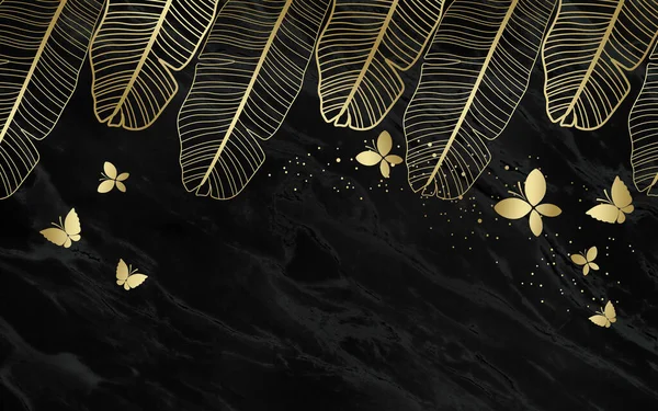 Zwart Goud Tropische Bladeren Donker Marmeren Achtergrond Luxe Exotische Botanische — Stockfoto