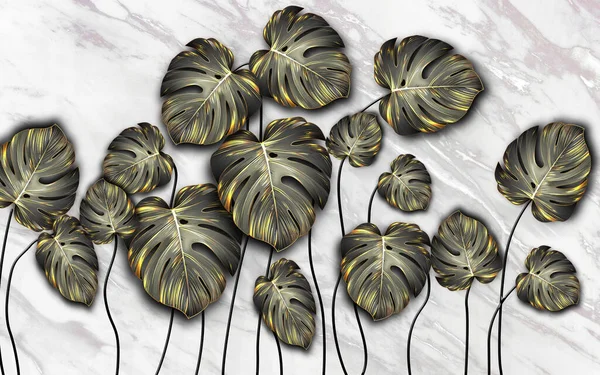 Zwart Goud Tropische Bladeren Donker Marmeren Achtergrond Luxe Exotische Botanische — Stockfoto