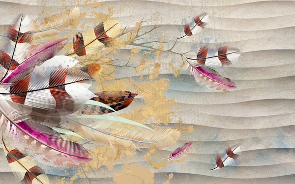 手描きの水彩羽現代の3Dミニマリスト背景壁 — ストック写真