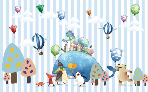 Bambini Carta Parati Decorazione Linea Parete Strisce Litle Ballon Cavallo — Foto Stock