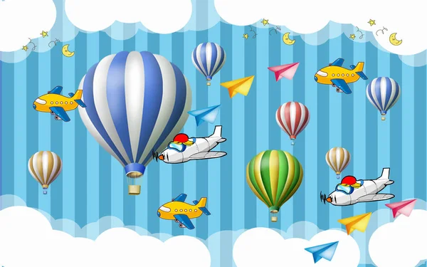 Kids Wallpaper Decoratie Voor Muur Lijn Strips Ballon Wolken Kinderen — Stockfoto