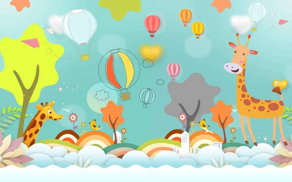 Kids Wallpaper Decoratie Voor Muur Lijn Strips Giraffe Wolken Kinderen — Stockfoto