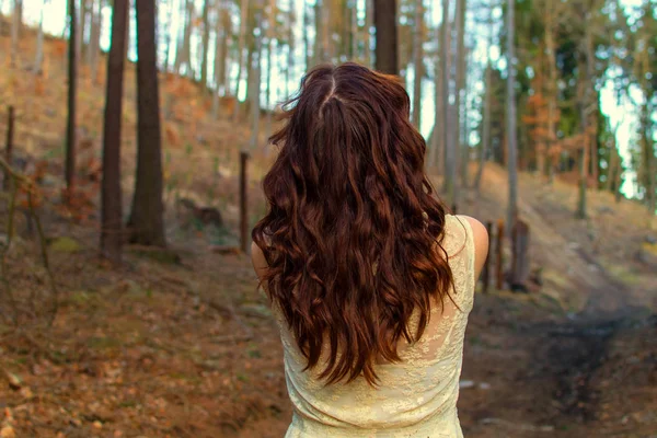 Женщина смотрит в лес . — стоковое фото