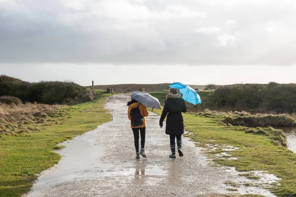 Zwei Frauen Mit Regenschirm Park England Stockfoto