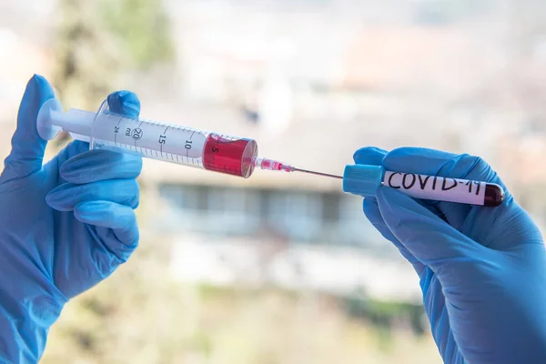 Injection Syringe Blood Test Covid — Stock Photo, Image