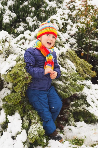 室外肖像年轻 4 岁的男孩穿蓝色外套、 色彩缤纷的手工针织的帽和围巾，设置享受冬天的时候 — 图库照片
