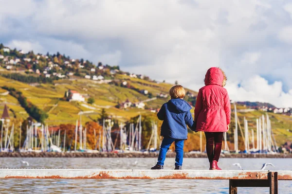 Två barn beundrar fantastisk utsikt över Genèvesjön, Schweiz, bakifrån — Stockfoto