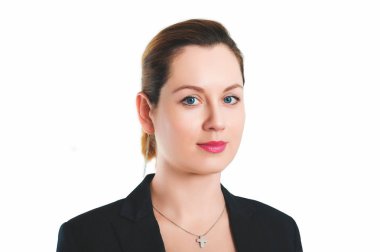 İş portre resmi kıyafeti içinde 35 yaşındaki kadın