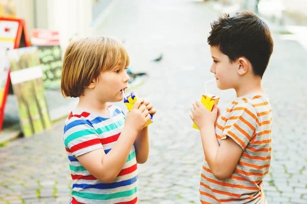 Grupo de dois meninos bebendo suco em um dia quente de verão — Fotografia de Stock