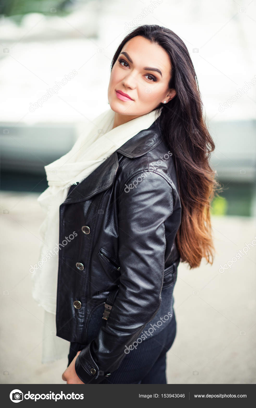 Outdoor Portrait Of Beautiful Brunette Woman With Long Hair Wearing Outdoor Portrait Of Beautiful Brunette Woman With Long Hair Wearing Big White Cashmere Scarf And Black Leather Jacket Photo By Annanahabed
