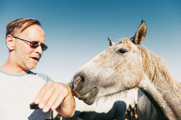 Mann Tourist genießt seine Reise nach Südfrankreich, weißes Wildpferd im Parc Regional de Camargue - provence. — Stockfoto