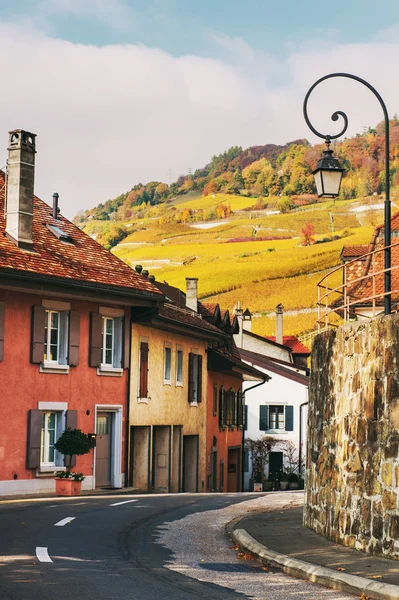 Piccole vie del borgo medievale svizzero Saint-Saphorin, vigneti Lavaux — Foto Stock