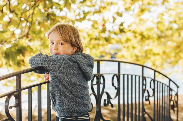 Autumn portrait of a cute little blond boy, wearing warm blue jacket, playing on the bridge — Stock Photo, Image