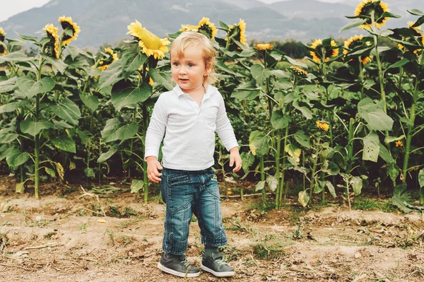 Adorabile ragazzino di 1-2 anni che gioca con girasoli giganti in un campo. Infanzia felice in una campagna . — Foto Stock