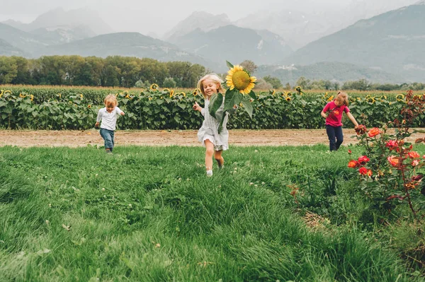 Groupe de 3 enfants drôles jouant ensemble dans les champs de fleurs, des vacances à la campagne avec des enfants. Bonne enfance active. Famille profiter de la nature en été — Photo