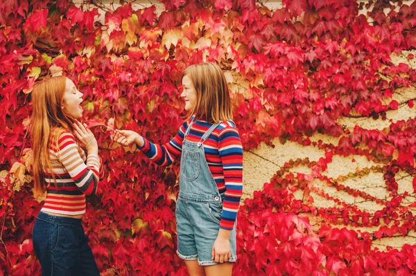 Retrato de outono de duas meninas engraçadas brincando juntas fora, posando contra a parede de hera vermelha. Moda de queda para adolescentes — Fotografia de Stock