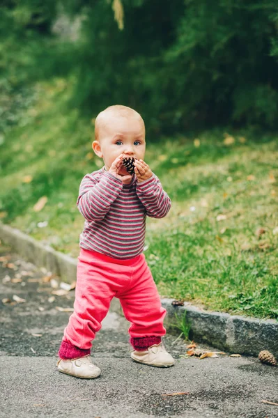 Adorável bebê menina de 9-12 meses de idade brincando com pinho cone fora — Fotografia de Stock