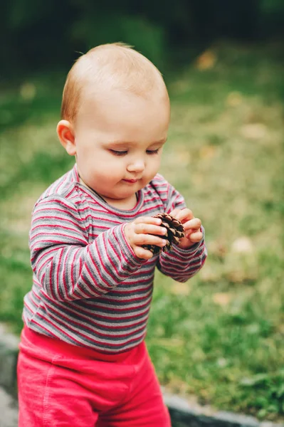 Schattig babymeisje van 9-12 maanden oude spelen met dennenappel buiten — Stockfoto